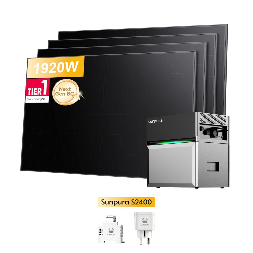Balkonkraftwerk mit Speicher, Sunpura S2400 All-in-One Speichersystem mit Sunpro 1920W Bifazial Solarpanel, Smarter Zähler & Smart Plug (0% MwSt)
