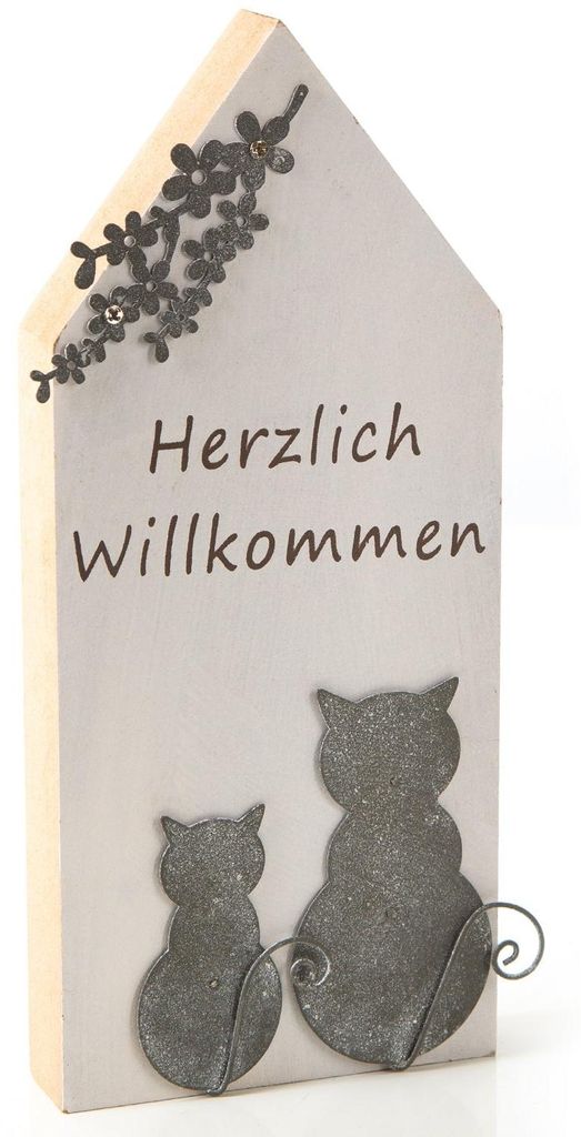 Herzlich Willkommen Holzhaus mit Katzen - für Flur & Eingangsbereich 10 x 22 cm