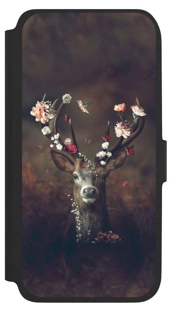 NIVOCASE Klapphülle für Samsung Galaxy A17 5G Handyhülle aus Kunst Leder NIVOflip schwarz Blumen Rehe Rentier