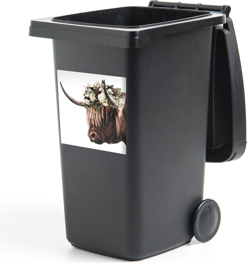 MuchoWow Mülltonnenaufkleber Schottischer Highlander - Blumen - Weiß 40x40 cm - Abfall-Aufkleber - Container - für Abfallcontainer