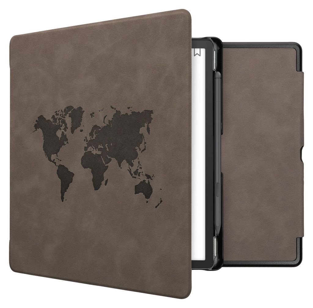kwmobile Schutzhülle für Amazon Kindle Scribe (2022/2024) Hülle - eReader Case aus Kunstleder mit Auto Sleep Funktion - Travel Umriss mit Grau