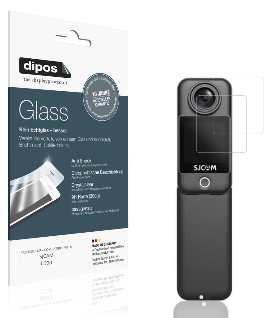 2x Schutzfolie für SJCAM C300 - Anti-Shock 9H Folie dipos Glass Kunststoffglas