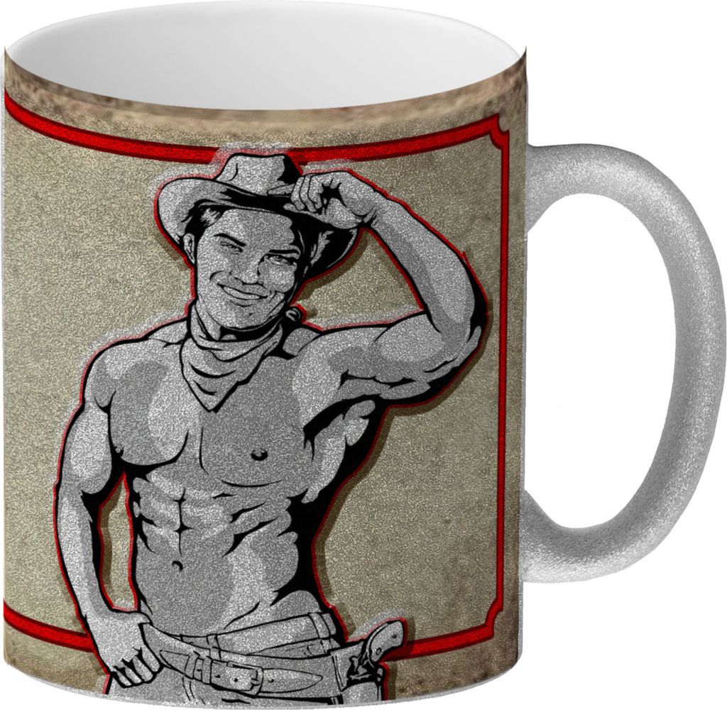Glitzer-Kaffeebecher mit sexy Cowboy und Spruch - Ich will 'nen Cowboy als Mann