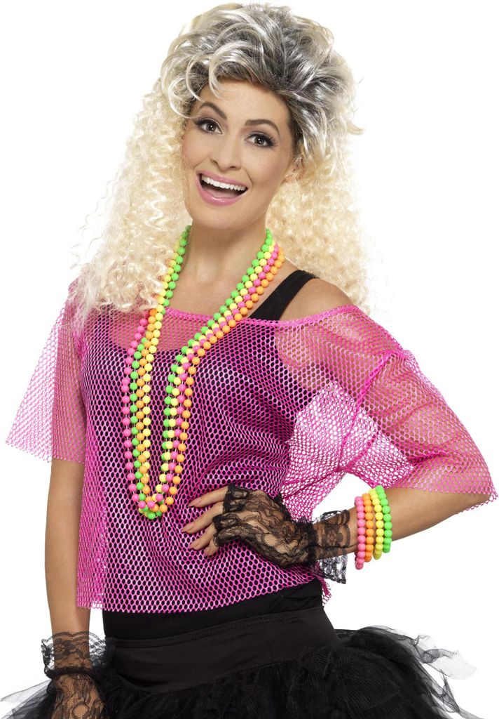 80's Visnet T-Shirt Top Neon Roze S-M