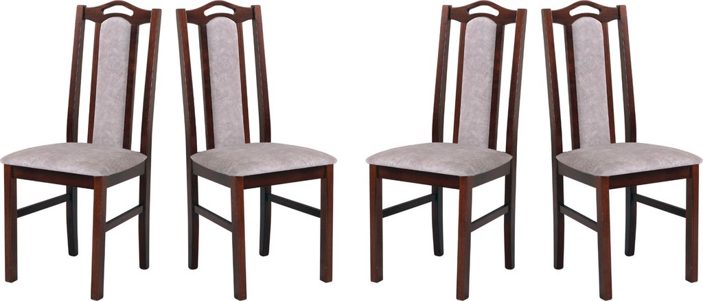 Four dining chairs arranged in a row against a white background.