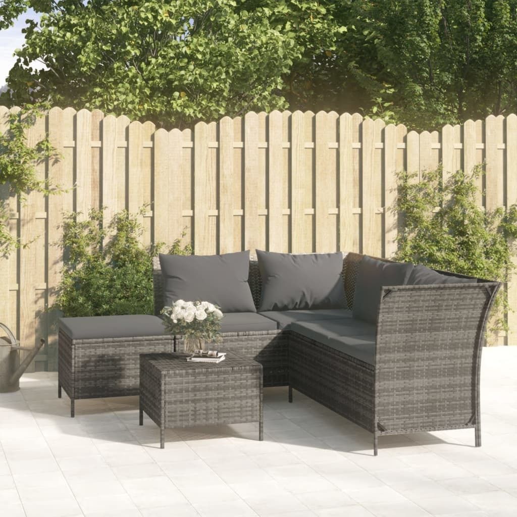 The Living Store 4-tlg. Garten-Lounge-Set mit Kissen Grau Poly Rattan