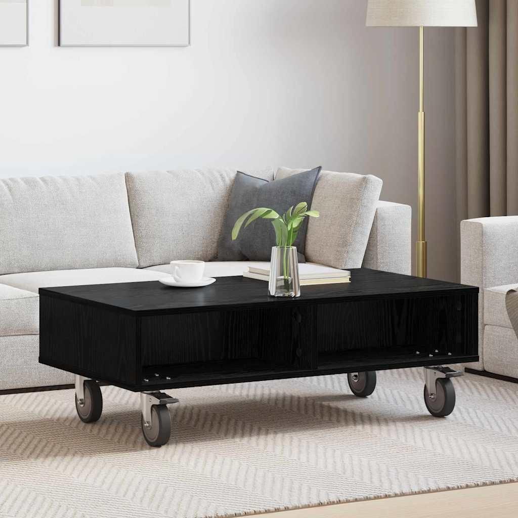 "Schlussverkauf" Wohnzimmer Beistelltisch - rechteckiger Kaffeetisch - mit Rädern Schwarz Eichen-Optik 90x50x30 cm C13747