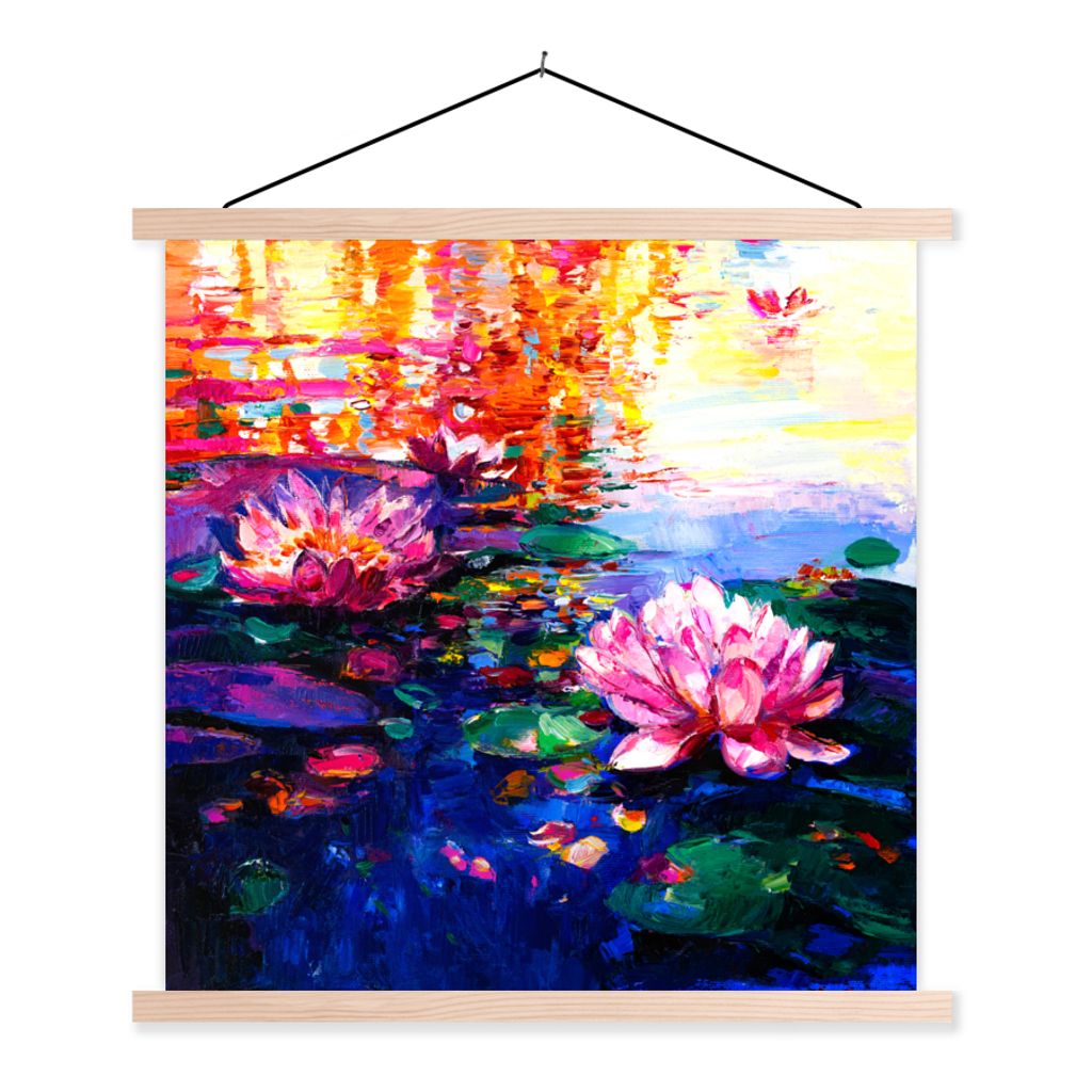 MuchoWow Textilposter Malerei - Seerose - Ölfarbe - Wasser 120x120 cm mit holzfarbenen Rahmen - Textil-Poster