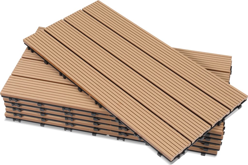 Vigevee 6er Set WPC Terrassenfliesen für Garten, 4 Lamellen, 30 × 60 cm, Klicksystem, Holz-Kunststoff-Verbund in Teakoptik