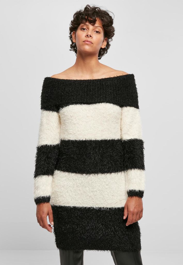 Ladies Off Shoulder Feather Dress black/whitesand XXL