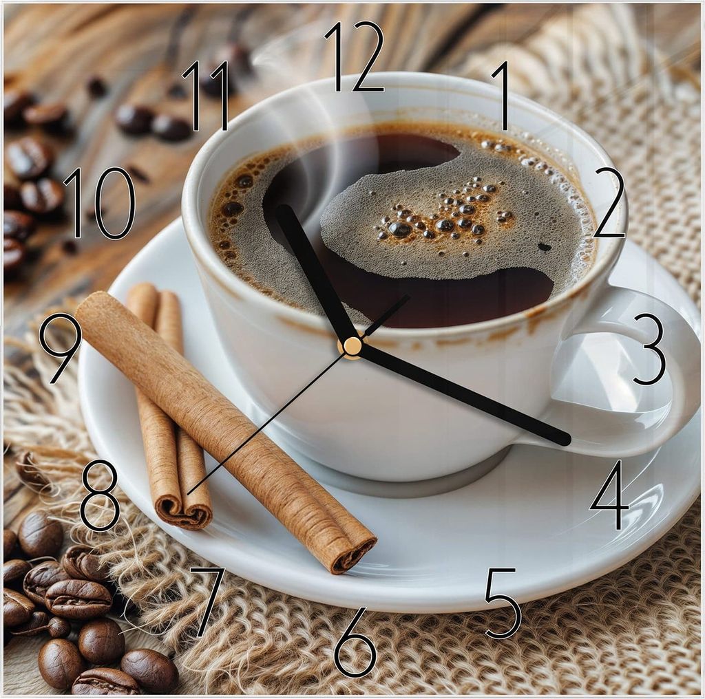 Wanduhr aus Glas mit Motiv Kaffee und Zimt- 30 x 30 cm - inkl. Aufhängesystem