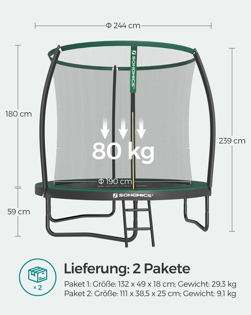 Trampolin - Gartentrampolin - Ø 244 cm - Sicherheitsnetz 180 cm mit gebogenen Stangen - Randabdeckung und Leiter - Stahlrahmen - Für Kinder - Grün