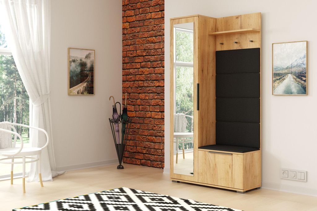 FurMeb24 LIVIA Kleiderschrank 100x190 cm - Craft Gold und Schwarz - mit Spiegel, linke Seite