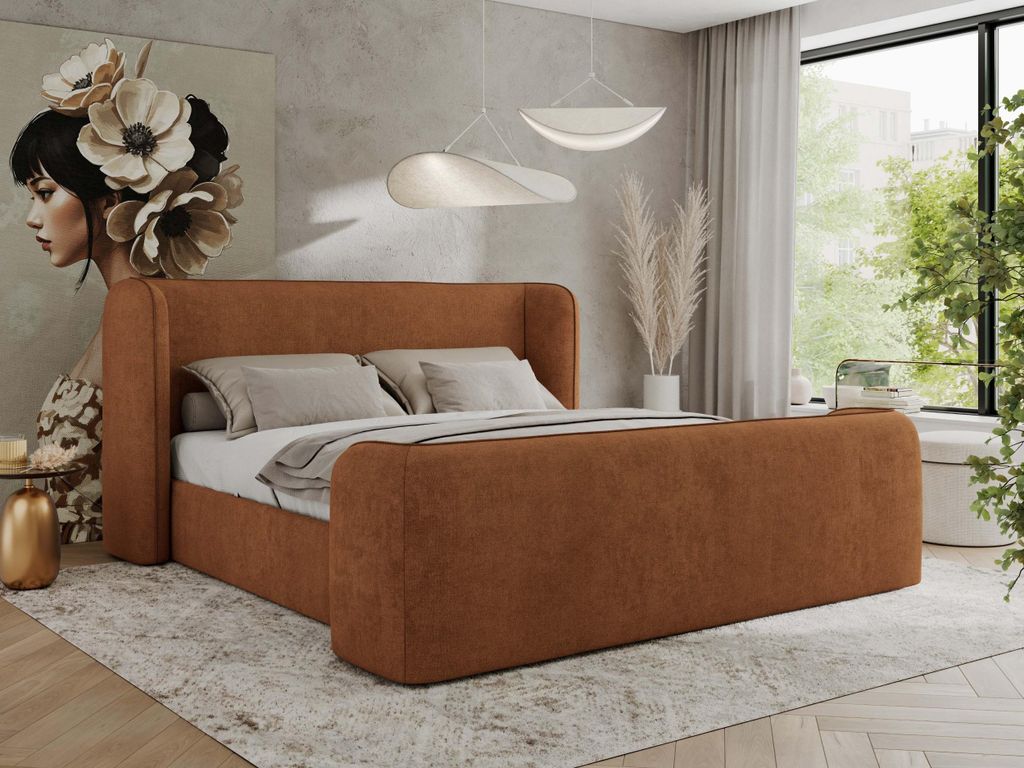 MKS MEBLE Doppelbett Polsterbett mit Lattenrost 140x200 EMORA CLASSIC DUO Bett mit Kopfteil Pocket Matratze VIRE LUX Orange Strukture