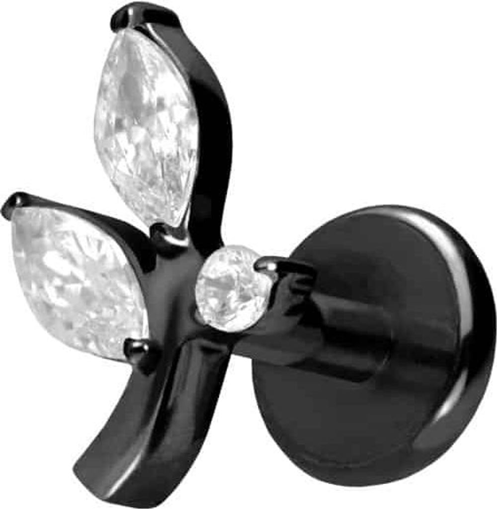 Ohrpiercing, Nasenpiercing Titan Labret mit Push Fit KRISTALLZWEIG Schwarz Stablänge: 5mm | Stabstärke: 1mm