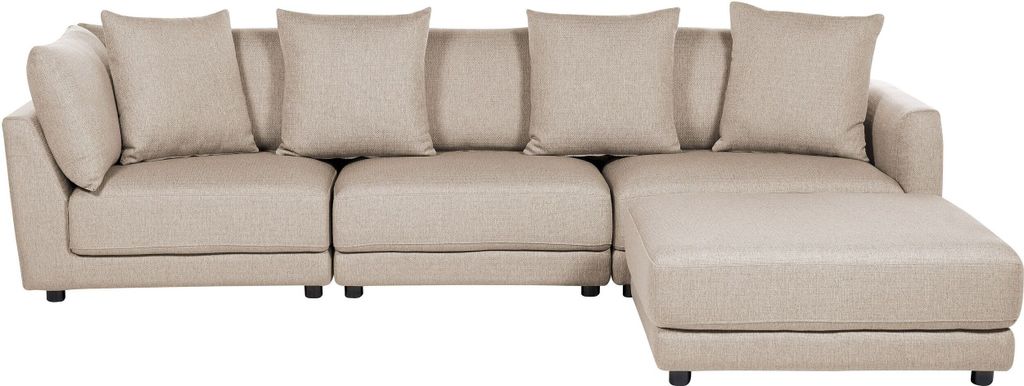 BELIANI 3-Sitzer Sofa Beige Stoffbezug mit Ottomane Vielen Dekokissen Dicken Sitzkissen Schmalen Armlehnen Niedrier Rückenlehne Losen Kissen Modern