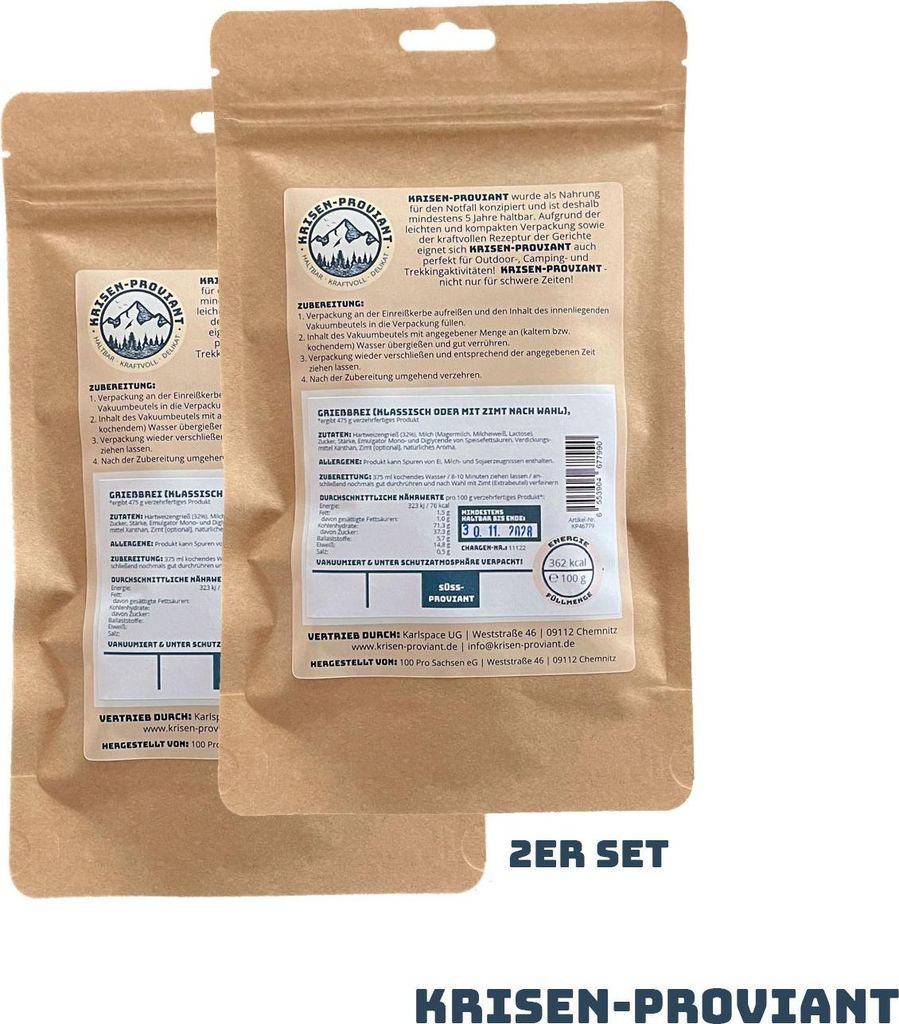 Krisen-Proviant - 2er-Set Milchreis mit Zimt & Apfelstückchen Notvorrat 5 J. MHD