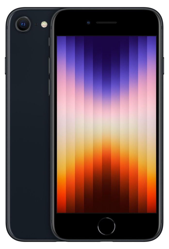 A black iPhone SE is shown from the front and side.
