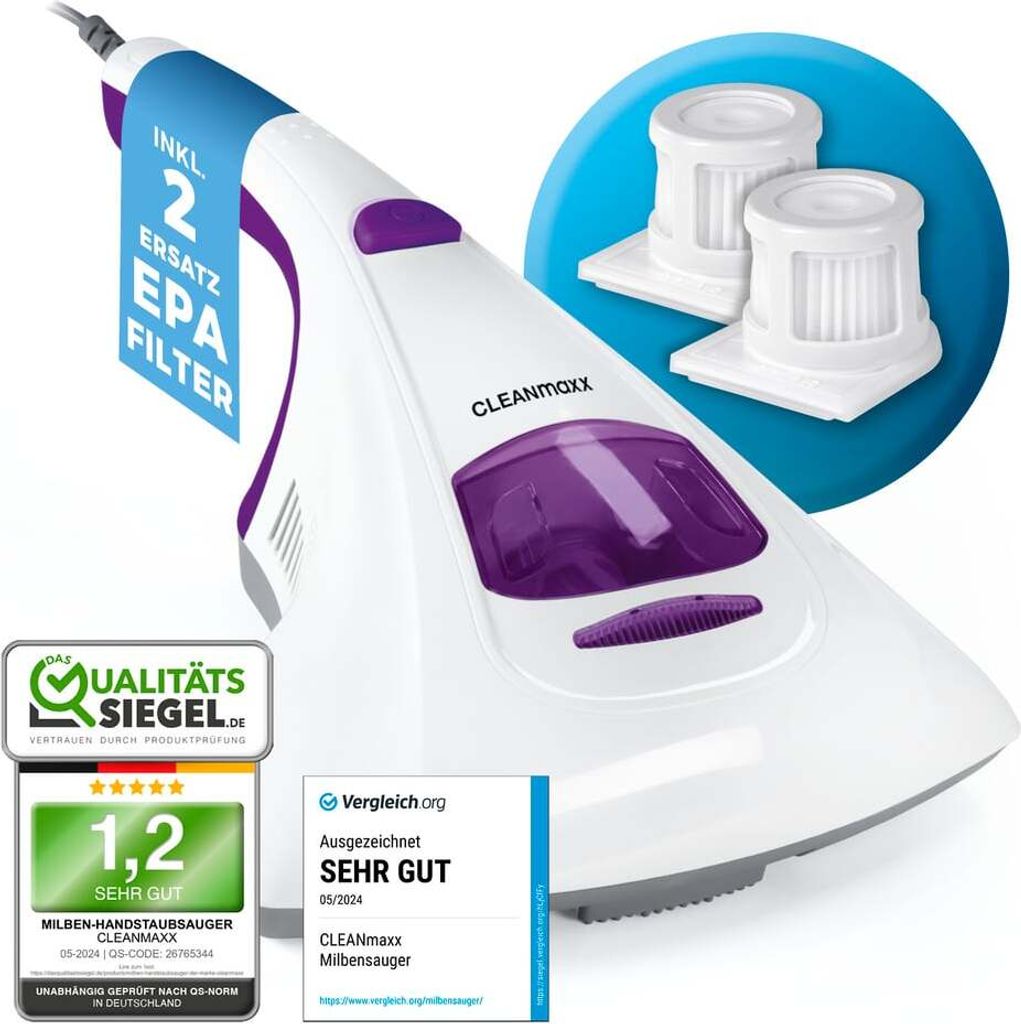CLEANmaxx Milbensauger Vibration - entfernt 99,9 % Milben - 2 Ersatz-EPA-Filter - Weiß/Lila