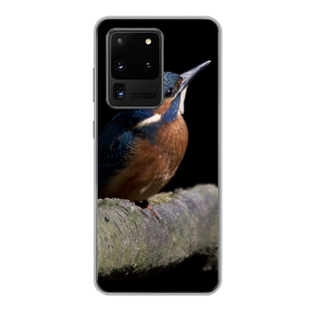 MuchoWow Handyhülle Schutzhülle Hülle für Samsung Galaxy S20 Ultra Eisvogel - Zweig - Federn - Schwarz Silikon Softcase Handy Hülle - Karten...