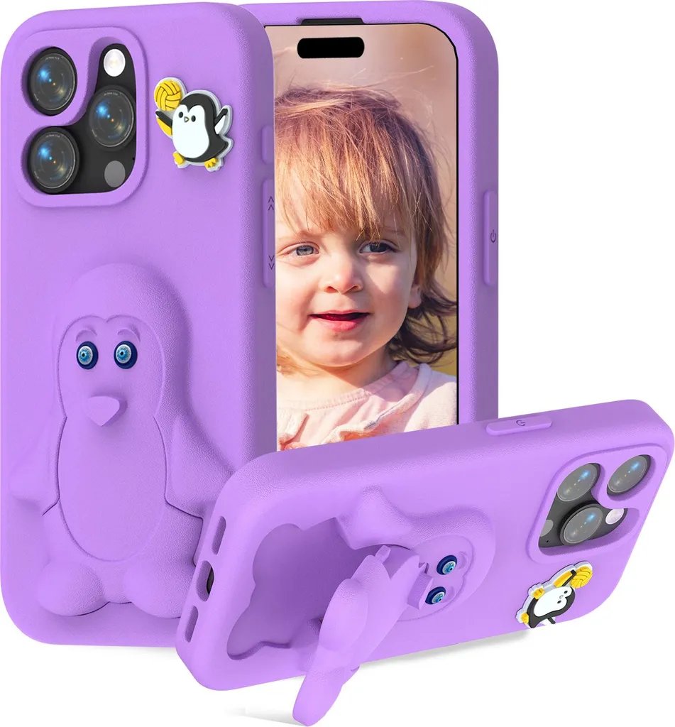 Custodia per bambini in EVA per iPhone 16 Pro Max, custodia protettiva antiurto morbida con supporto per pinguini viola