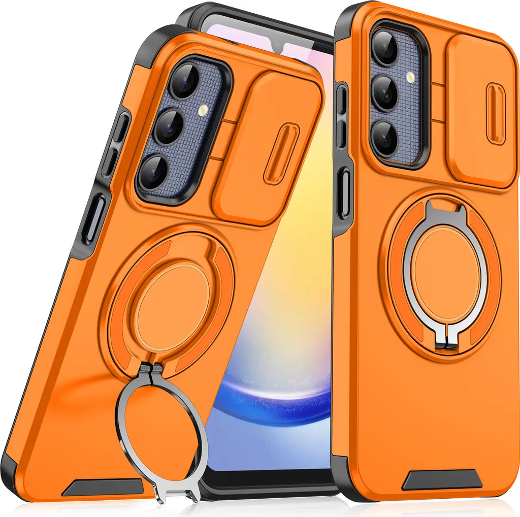 Custodia a doppio strato per Samsung Galaxy A25, con copertura scorrevole della fotocamera e supporto ad anello magnetico Arancione