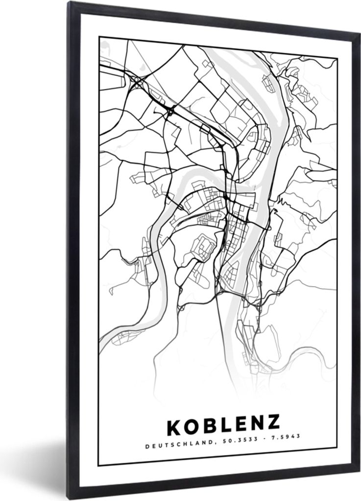 MuchoWow Gerahmtes Poster Koblenz - Karte - Stadtplan 60x90 cm - Poster mit Schwarzem Bilderrahmen Wandposter Rahmen Foto Bilder - Kunst