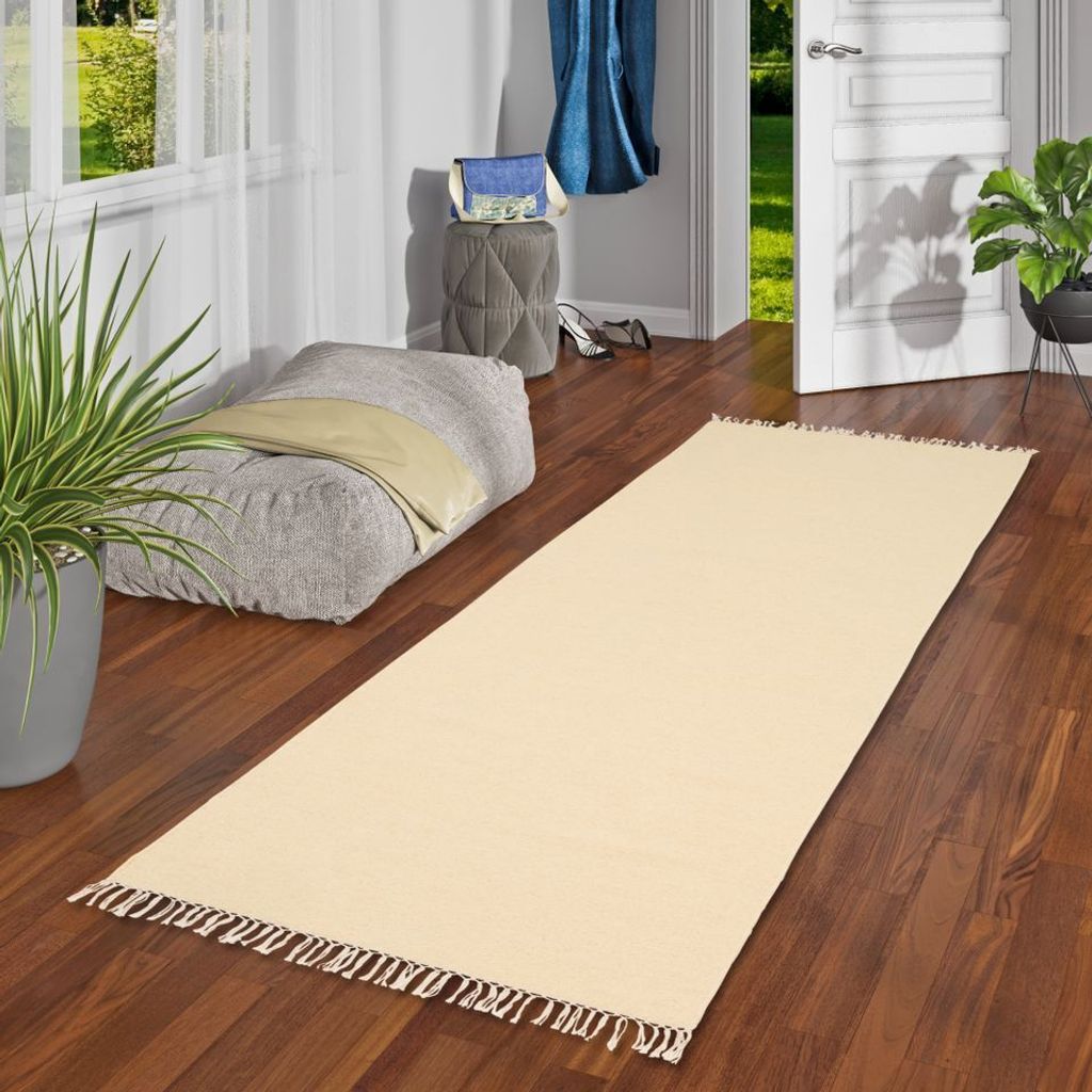 Wolle Natur Teppich Läufer Kelim Mila Creme, Größe:70x300 cm