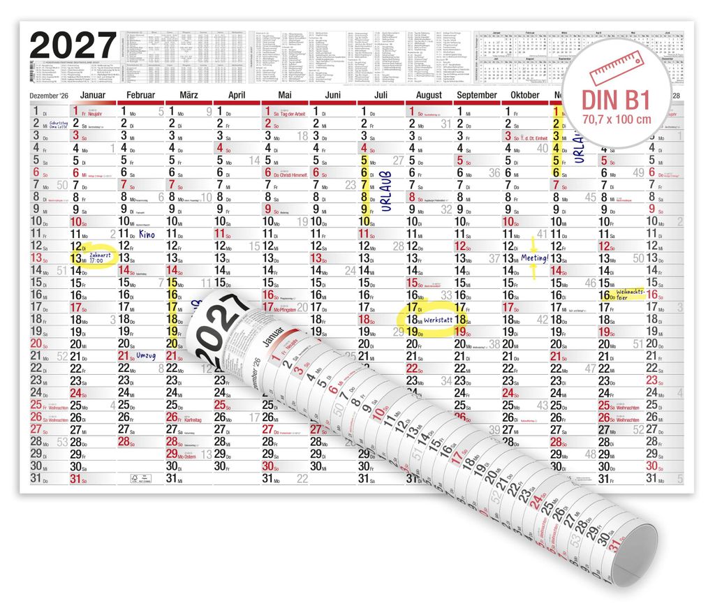 Wandkalender 2027 XXL B1 Gerollt 70x100 cm Jahresplaner Produktbild 