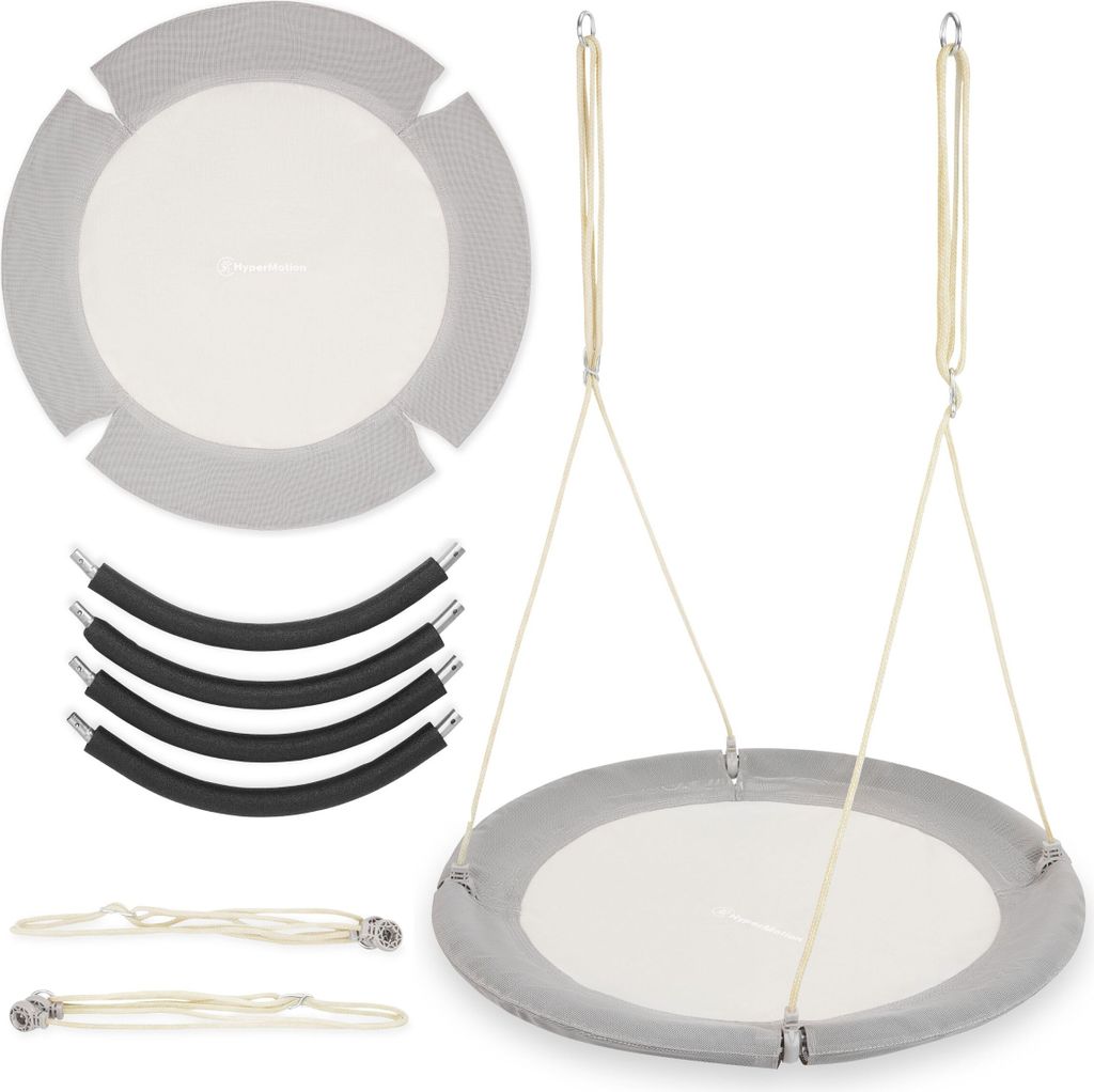 A collection of parts for a nest swing, including the swing seat, suspension ropes, and curved support pieces, laid out on a white background.