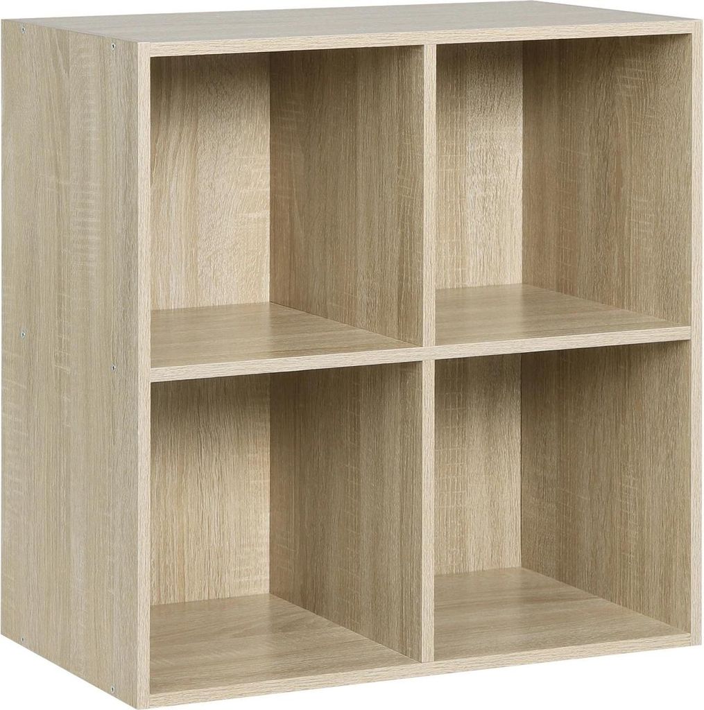 Würfelregal aus Holz - Bücherregal - 4 Fächer - 2 Ebenen - 60x29,5x60 cm - MDF - Eiche hell