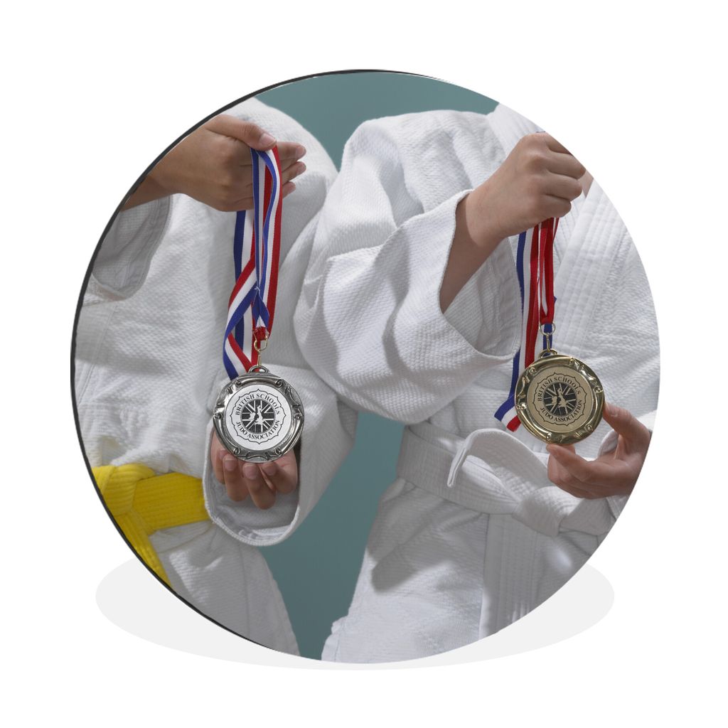 MuchoWow Aluminium Wandkreis Zwei Judoka halten die Gold- und Silbermedaille Ø 30 cm Wanddeko Modern Wohnzimmer - Wand Bild - Wohnzimmer - Runde...