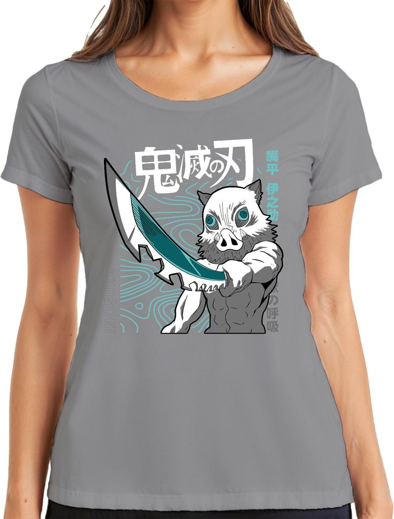 Inosuke Dämonenjäger Anime Ebermaske Schwert Manga Fan Geschenk Damen T-Shirt, Grau, 3XL