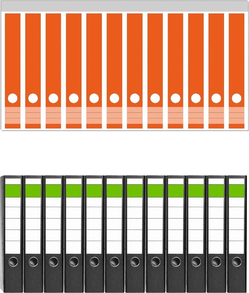 Wallario 12 Stück schmale Ordner inkl. Klebeetiketten mit Motive Orange - Set mit Rückenschildern / Ordnerrücken Stickern
