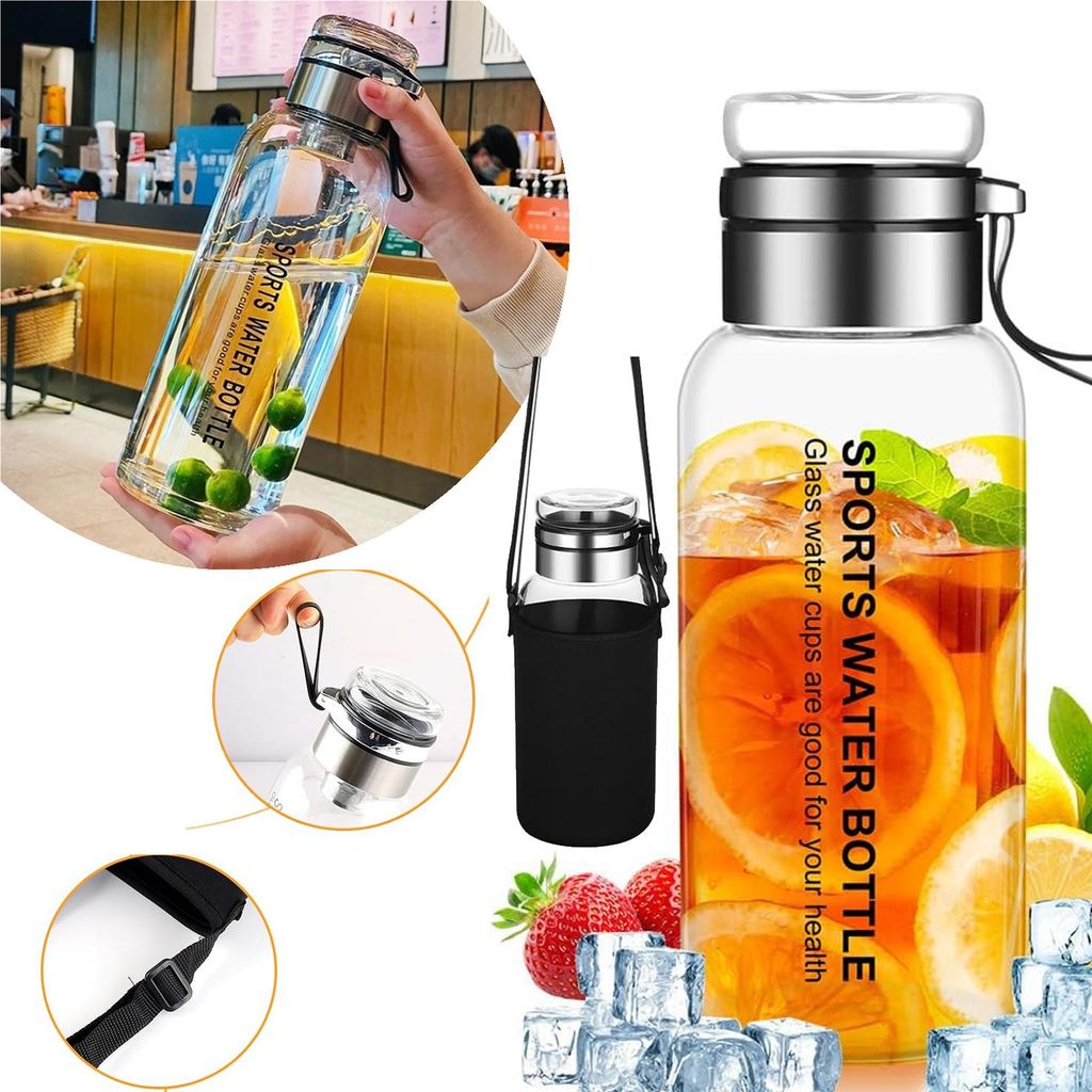 Glasflasche, Trinkflasche Glas Auslaufsicher, Wasserflasche Produktbild 