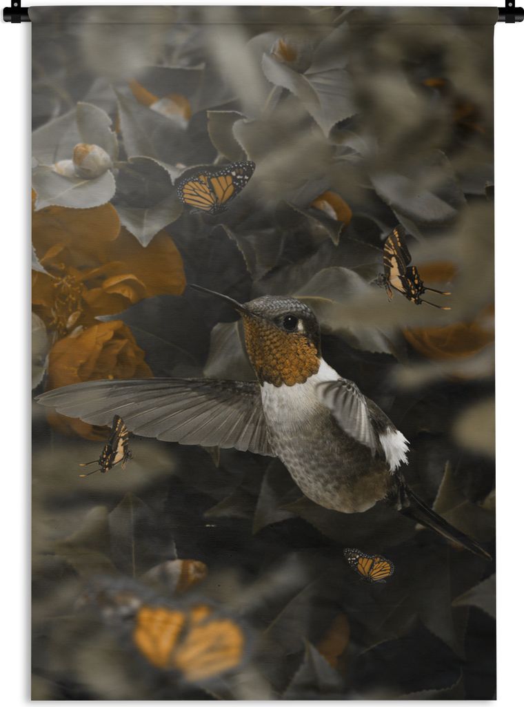 MuchoWow Wandteppich Wandbehang Vogel - Kolibri - Gold 90x135 cm Tapisserie Dekoration Wandtuch - Baumwolle - Wandskulptur