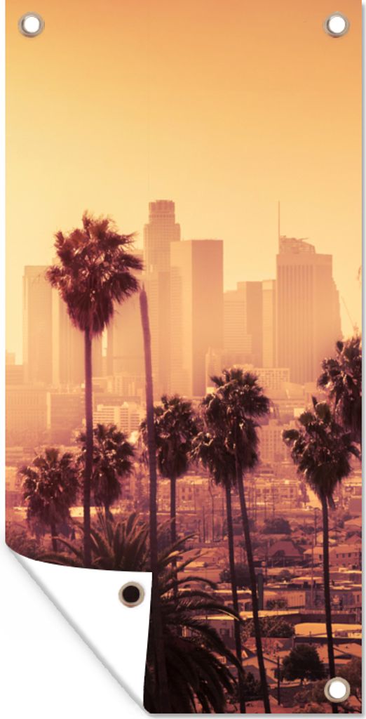 MuchoWow 80x160 cm Outdoor-Poster Gartendeko Sichtschutz Garten Poster für den Garten Palme - Skyline - Sonnenuntergang - Architektur