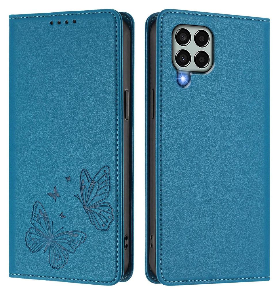 Lederhülle für Samsung Galaxy M33 5G, Schmetterling Prägung Leder Brieftasche Schutzhülle mit Ständer Blau