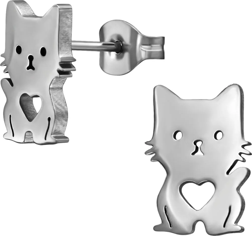 Orecchini Gatto con Cuore Acciaio Inox - Gioielli Gatto Ipoallergenici