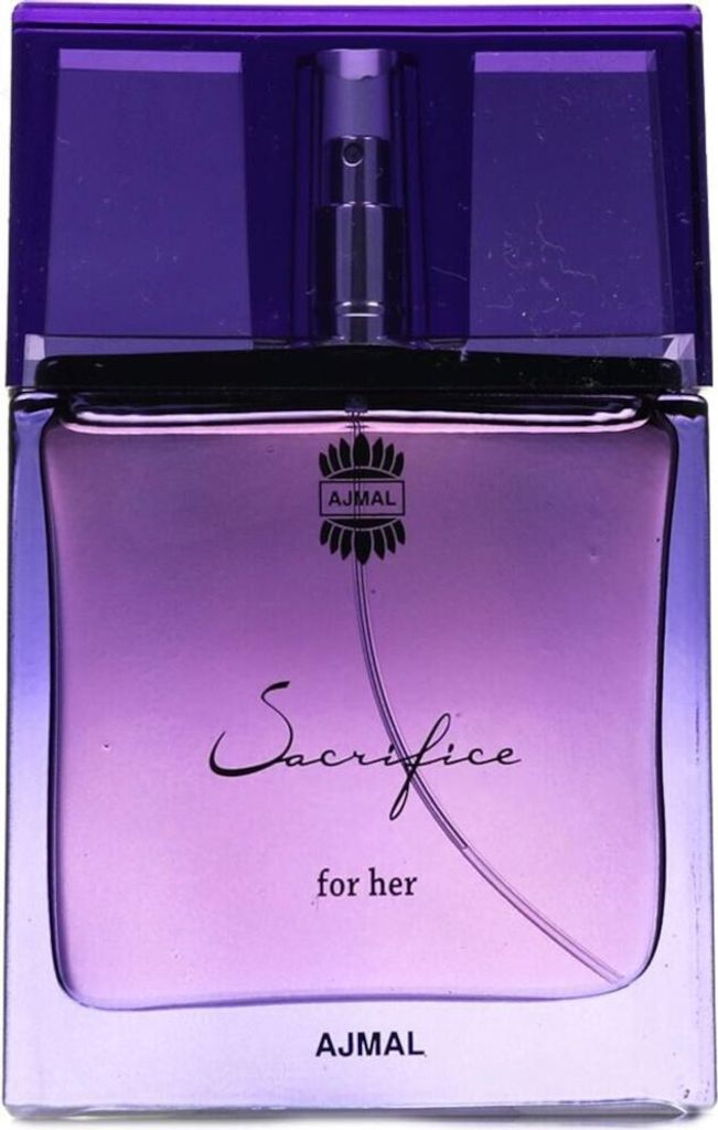A perfume bottle with a purple cap and a gradient purple and pink bottle.