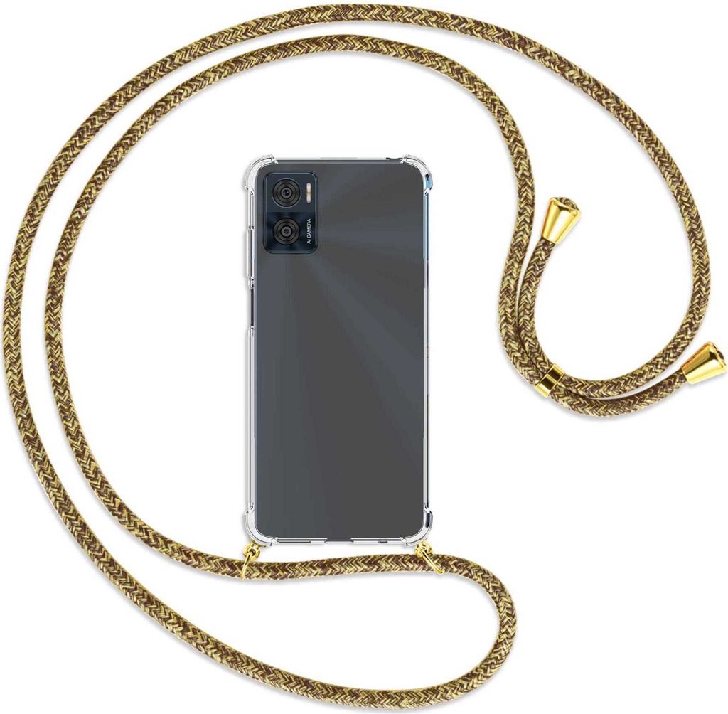 Handykette Backcover-Schutzhülle mit Band (Metall goldfarben) für Motorola Moto E22, Moto E22i 4G - braun+beige