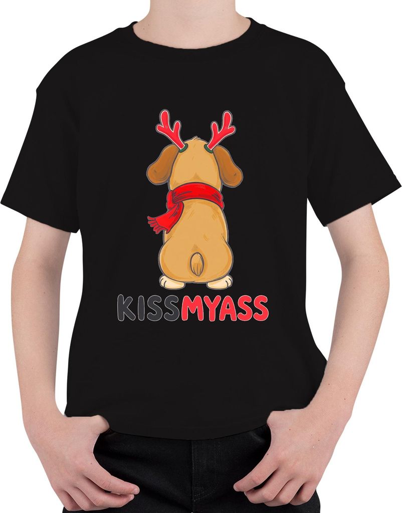 KISS MY ASS lustiger Weihnachtshund Rentierohren Cartoon Spruch Uni Kinder T-Shirt, Schwarz, 116