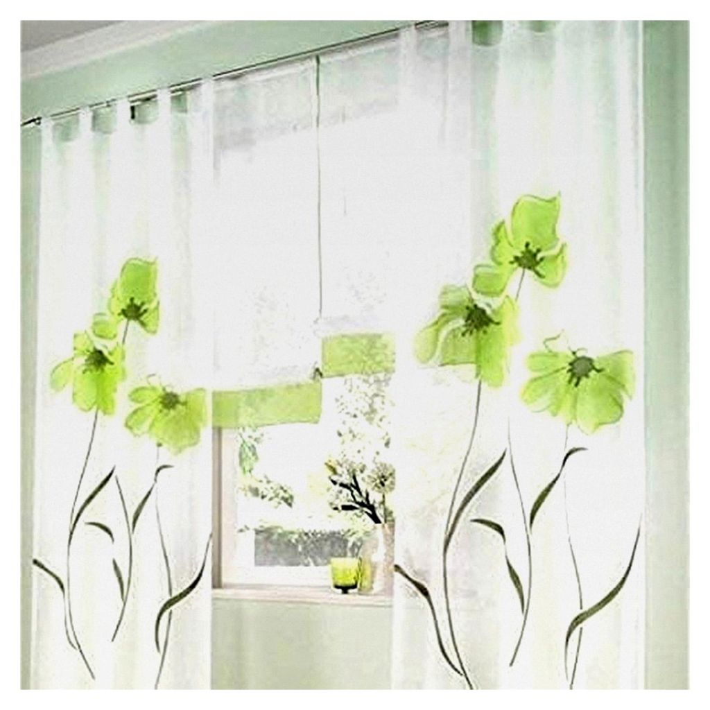 2 Stück Gardinenschal mit Blumenprint für Wohnzimmer und Schlafzimmer, Schlaufenschal, Breite 150 cm / Höhe 225 cm, Grün