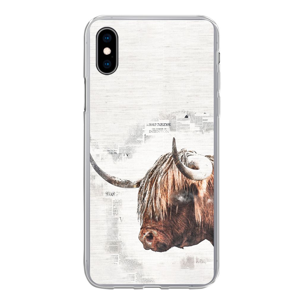 MuchoWow Handyhülle Schutzhülle Hülle für iPhone Xs Scottish Highlander - Tiere - Zeitungspapier Silikon Softcase Handy Hülle - Handytasche