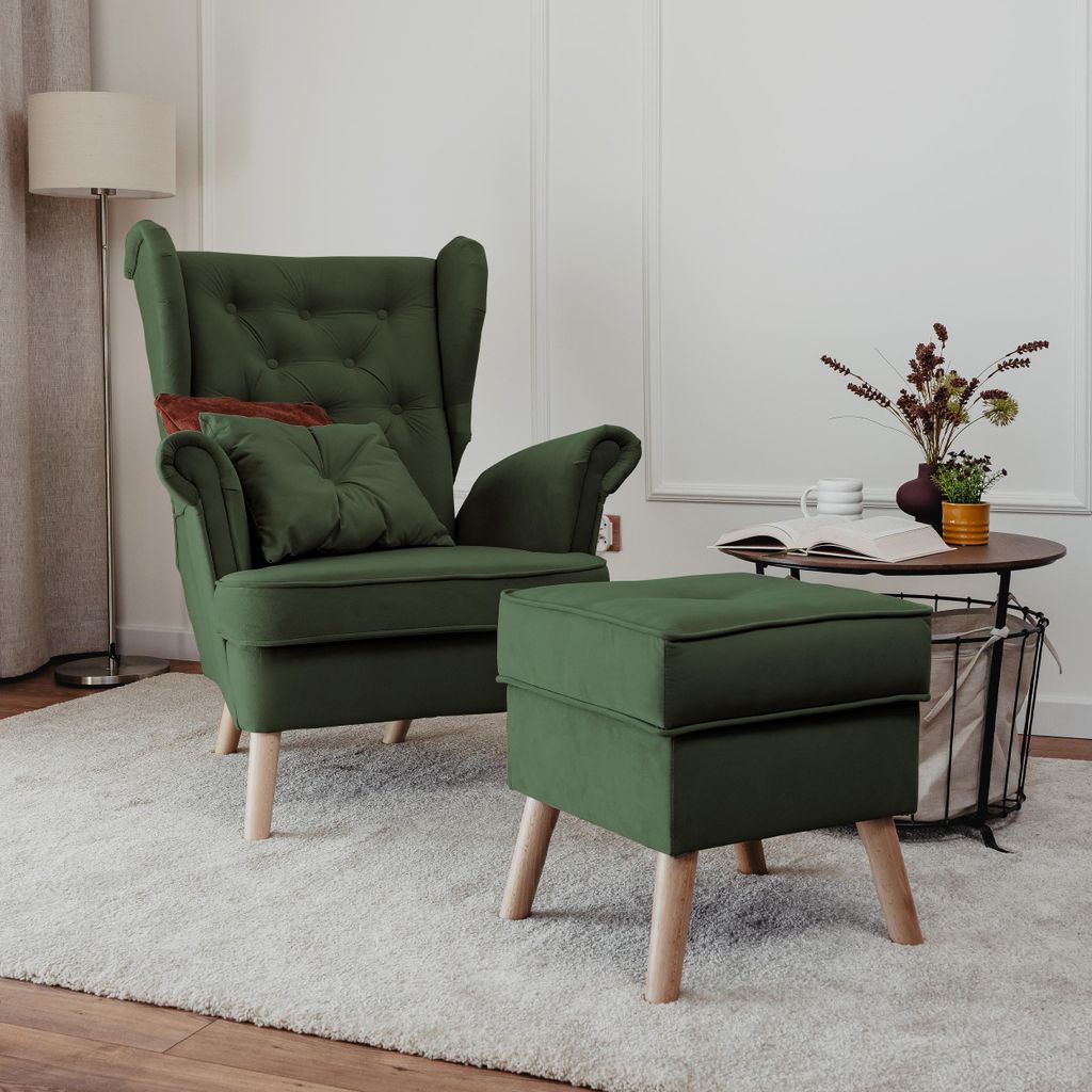 Idohome - Gepolsterter Ohrensessel CLASSIC mit Hocker, Produktbild 