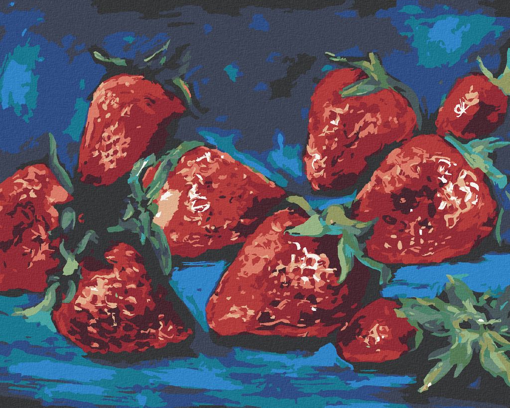 Zuty - Malen nach Zahlen - ERDBEEREN AUF BLAUEM HINTERGRUND, 40x50 cm, mit Keilrahmen (bereits gespannt)
