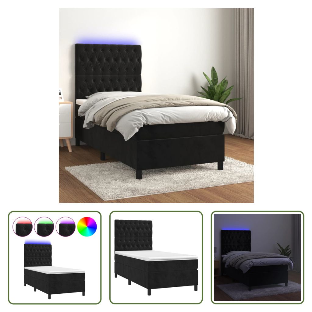 The Living Store Boxspringbett mit Matratze & LED Schwarz 80x200 cm Samt