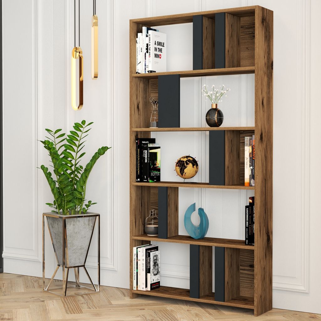 Skye Decor, Lima- Lima DRA, Nussbaumfarbe,Anthrazit, Bücherregale, 180x90x20 cm, 100% Melaminbeschichtete Partikelplatte