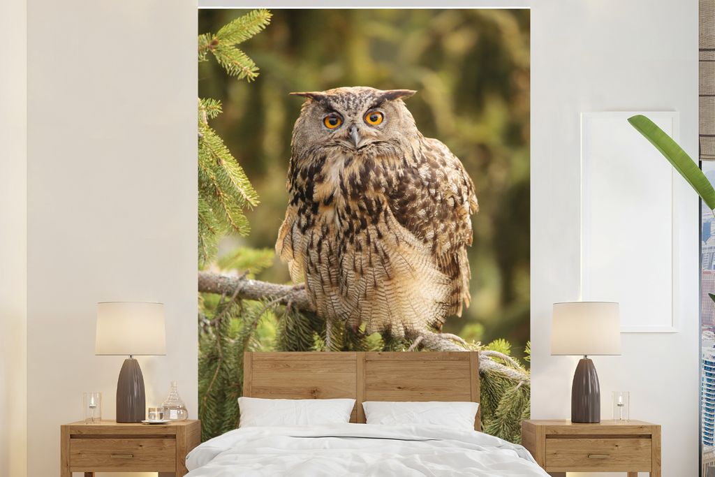 MuchoWow Fototapete für Wohnzimmer oder Schlafzimmer Wandtapete Vinyl Motivtapete Ein Uhu auf einem Ast eines Nadelbaums - 200x300 cm - Wanddeko...