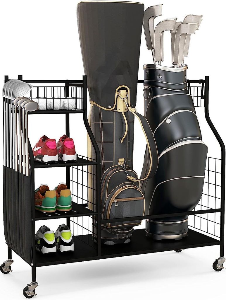GOPLUS Golftaschen-Organizer, Golf-Organizer mit feststellbaren Rädern für 2 Golftasche & 8 Golfschläger, Aufbewahrungsregal mit 1 Korb, 3 Ablag...